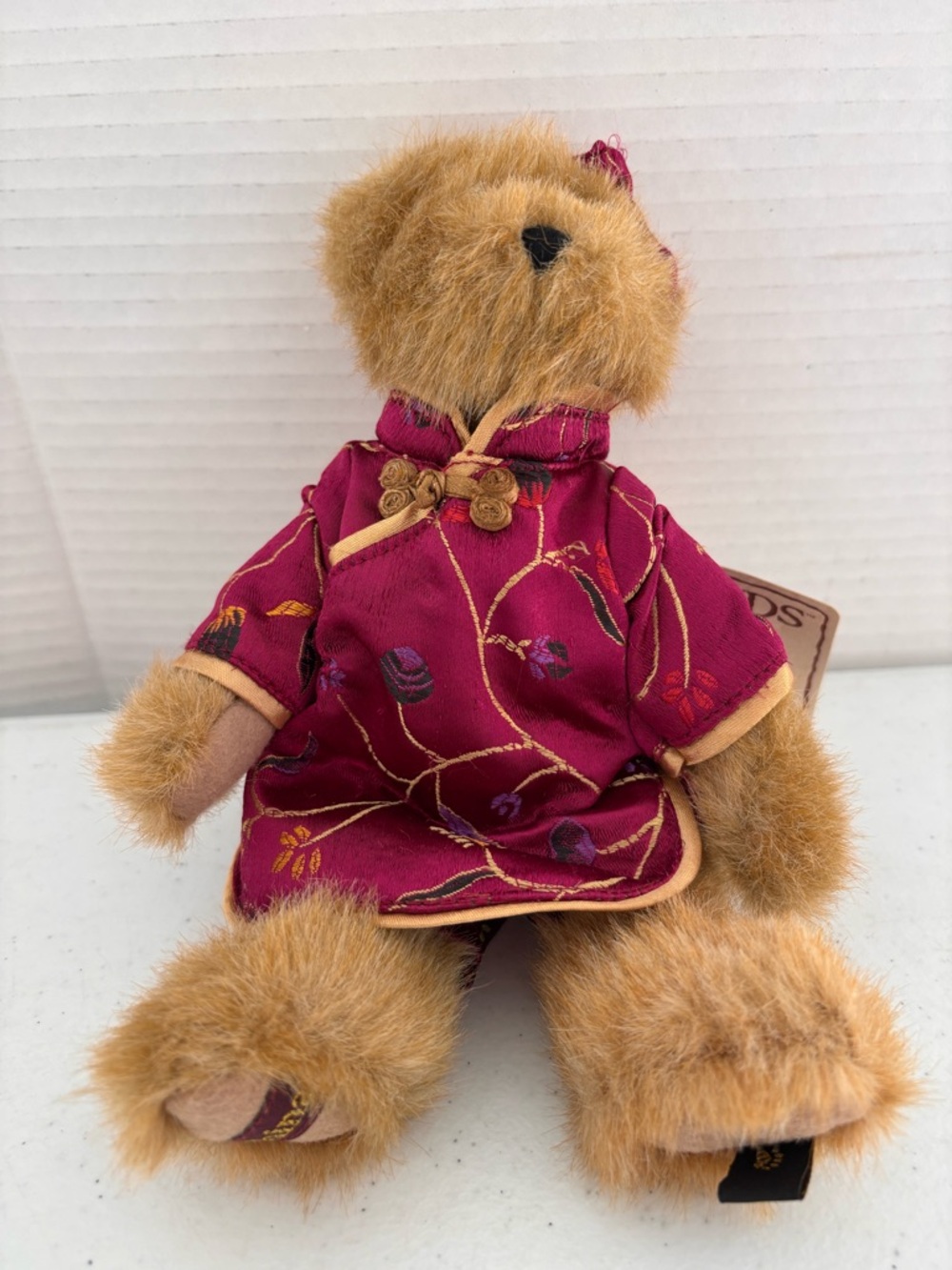 Boyds Bears Bailey in China Tan Plush Bear in Fuchsia Floral Cheongsam